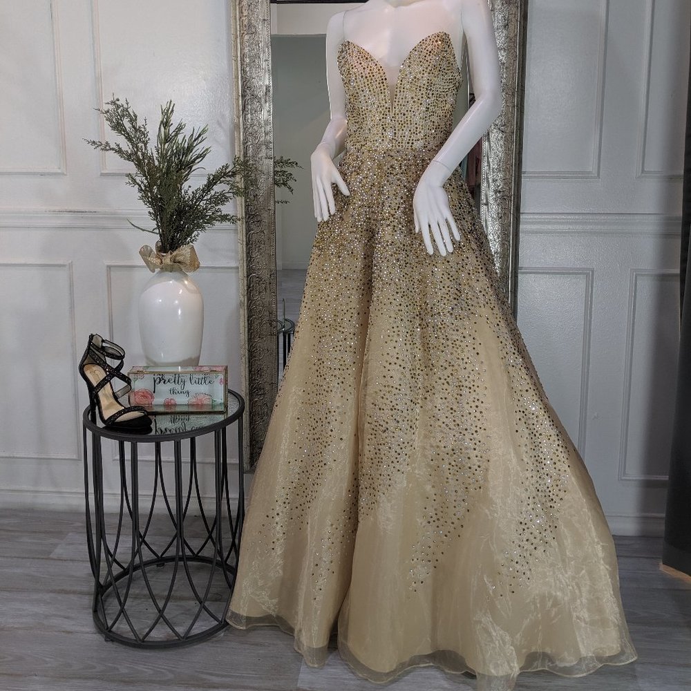 Gold Strapless Formal Evening Prom Dress Gown